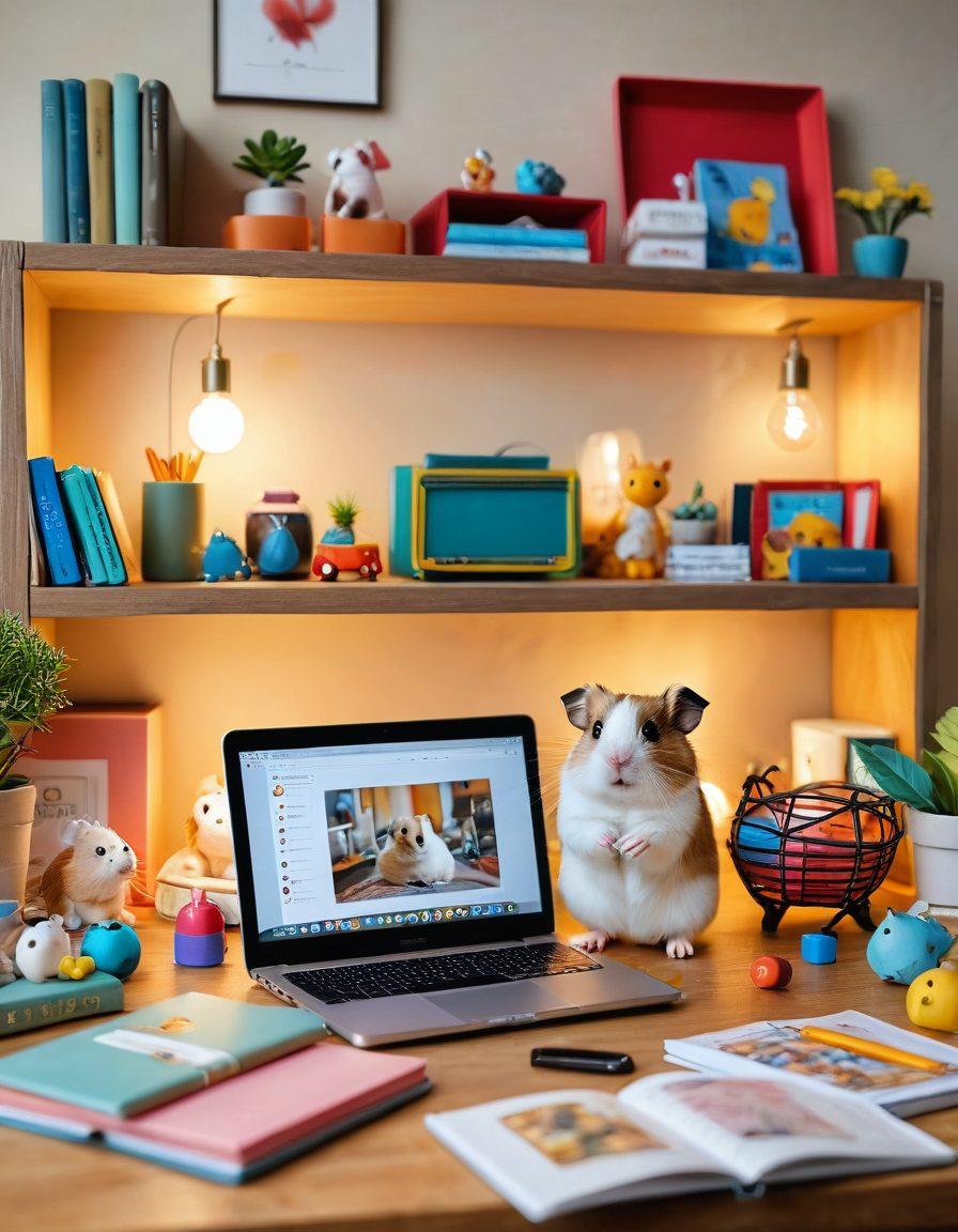 A cozy home setting featuring a cute hamster exploring its vibrant, well-decorated habitat filled with tunnels and toys. In the background, a laptop displaying a blog page with tips about hamster care, surrounded by pet care books and colorful stationery. Soft, warm lighting creates a welcoming atmosphere to attract pet lovers and content creators. super-realistic. vibrant colors. soft focus.