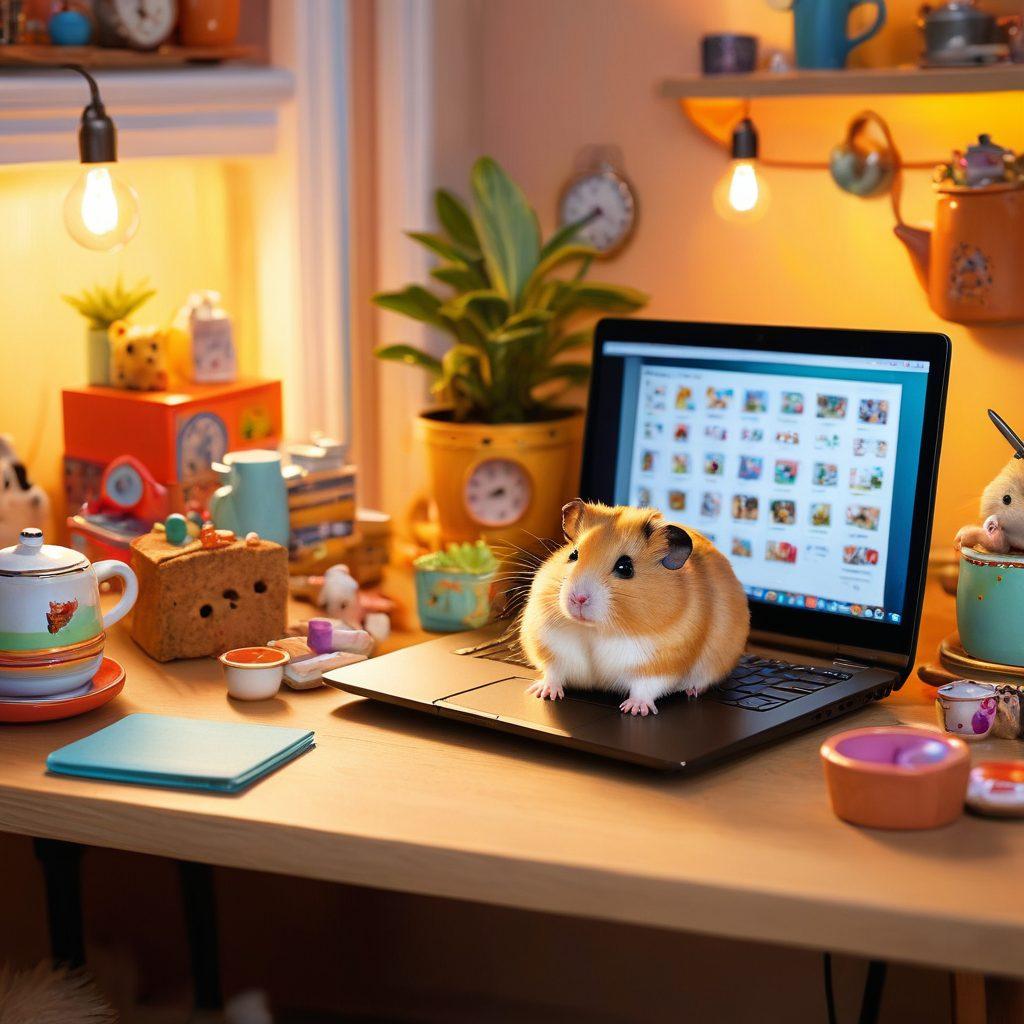 A cozy, inviting workspace filled with playful hamsters exploring an array of colorful pet accessories, with a laptop open displaying a blog about hamsters. The setting has warm lighting, cute hamster toys scattered around, and a steaming cup of tea beside the laptop. The overall ambiance feels friendly and creative. vibrant colors. super-realistic.