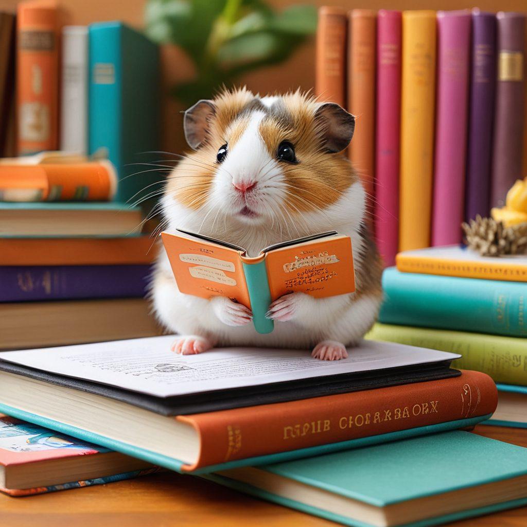 A cozy scene featuring an adorable small pet, like a guinea pig or a dwarf hamster, nestled among colorful books and a laptop displaying a blog page. Bright, inviting colors with charming illustrations of small pets surrounding the main focus. Add elements like cups of herbal tea and a notepad with ideas sketched out, conveying creativity and warmth. super-realistic. vibrant colors. cozy atmosphere.